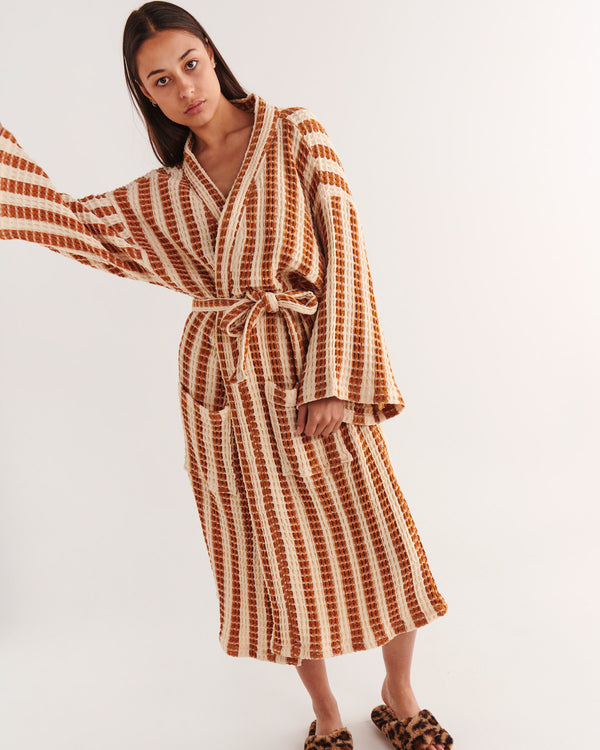 Tan Cream Stripe Waffle Bath Robe