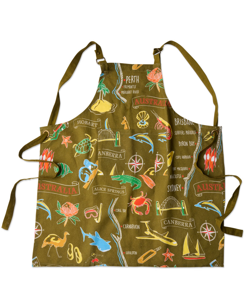 Aussie Road Trip Green Canvas BBQ Apron
