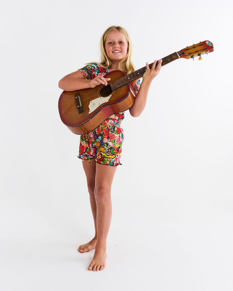 Kip&Co x The Beatles Pepperland Roses Kids Organic Cotton Short Sleeve Tee & Frill Short Pyjama Set