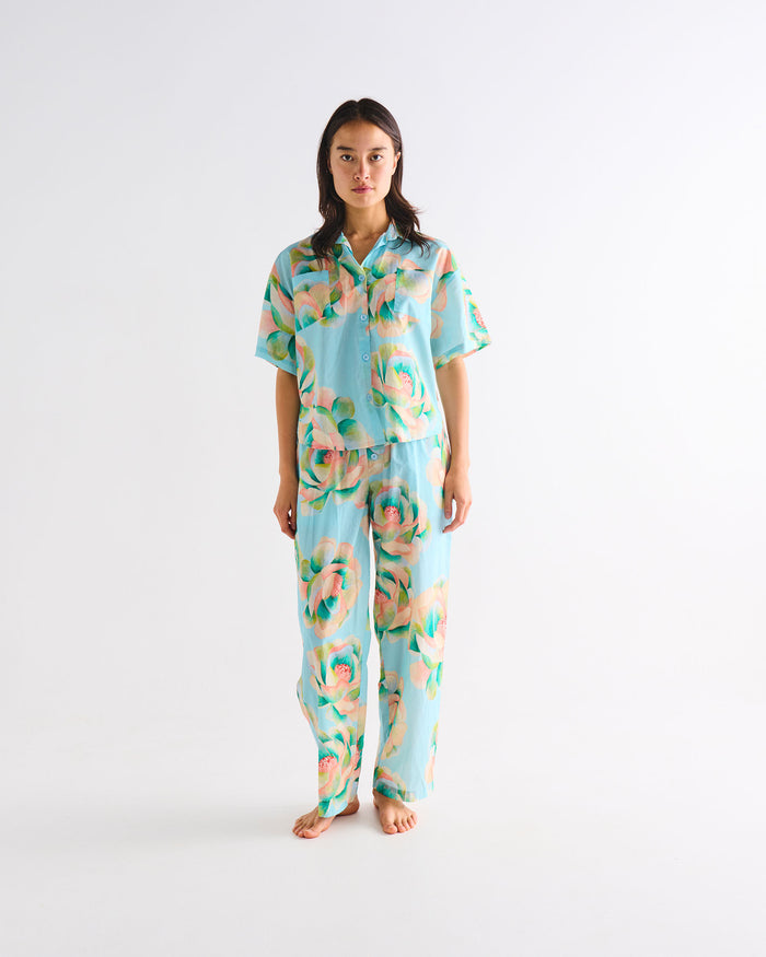 Big Beauty Floral Blue Adult Organic Cotton Short Sleeve Shirt & Pant Pyjama Set