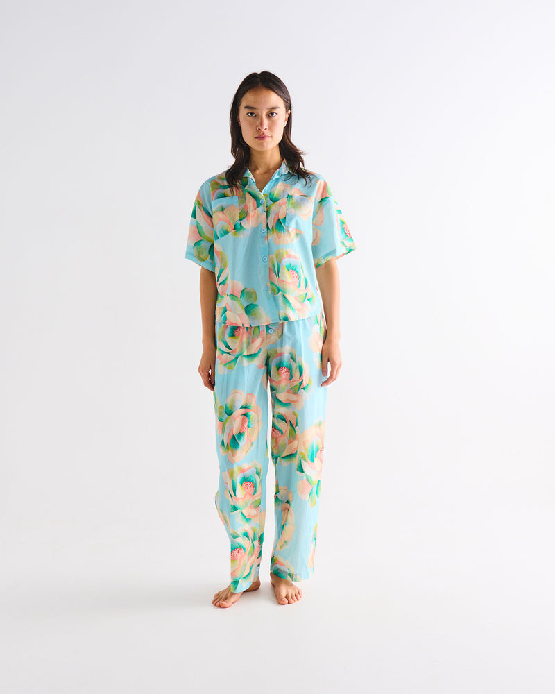 Big Beauty Floral Blue Adult Organic Cotton Short Sleeve Shirt & Pant Pyjama Set