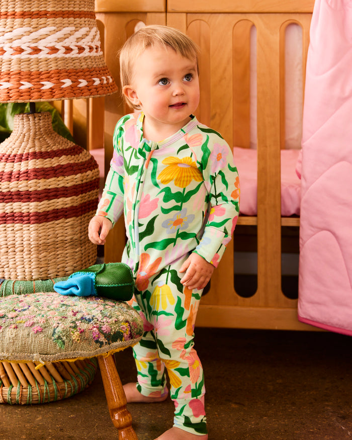 Popping Flowers Green Organic Long Sleeve Zip Romper