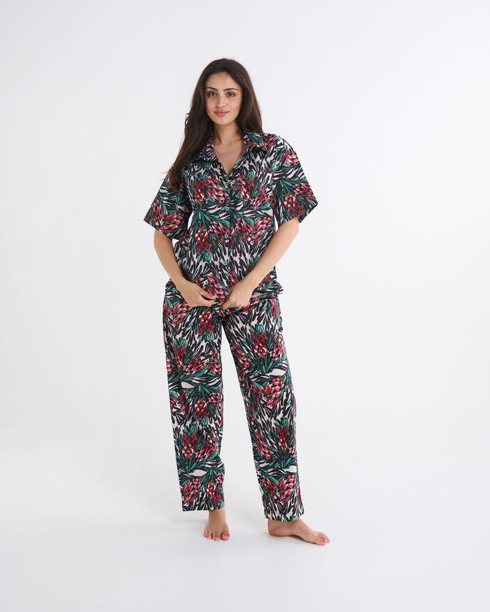 Kip&Co x Margaret Preston Protea Party Adult Organic Cotton Short Sleeve Shirt & Pant Pyjama Set