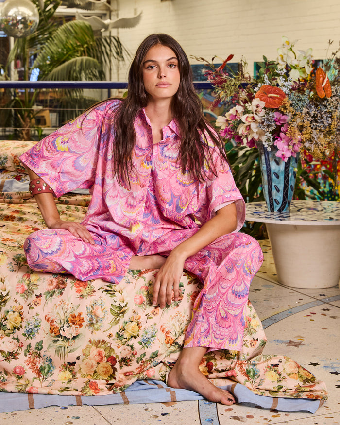 Kip&Co x Romance Was Born Cosmic Marble Adult Organic Cotton Oversized Short Sleeve Shirt & Pant Pyjama Set