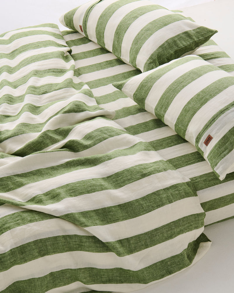 Moss Stripe Linen Fitted Sheet