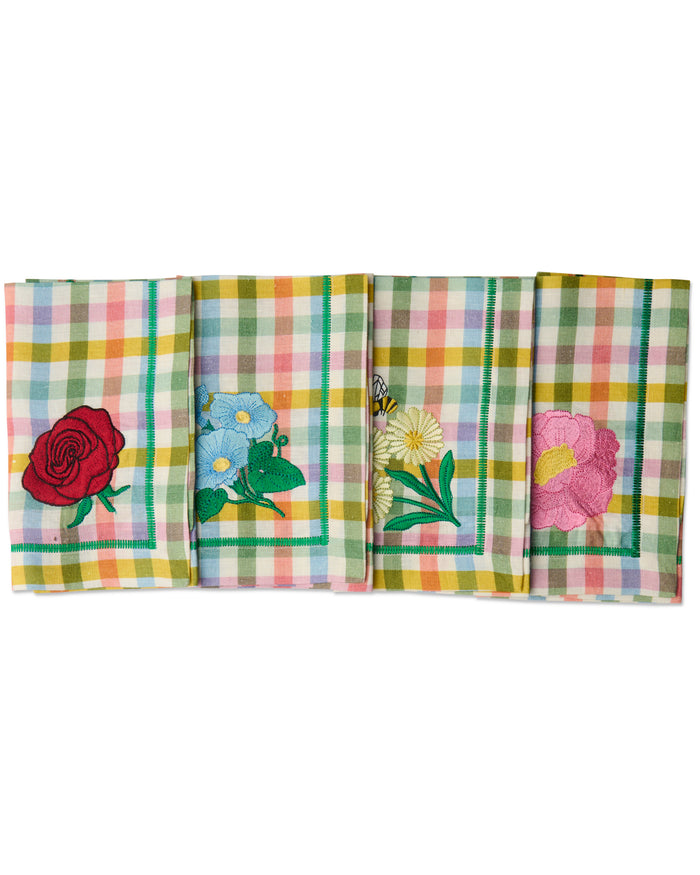Sweet Flowers Tartan Embroidered 4P Napkin Set