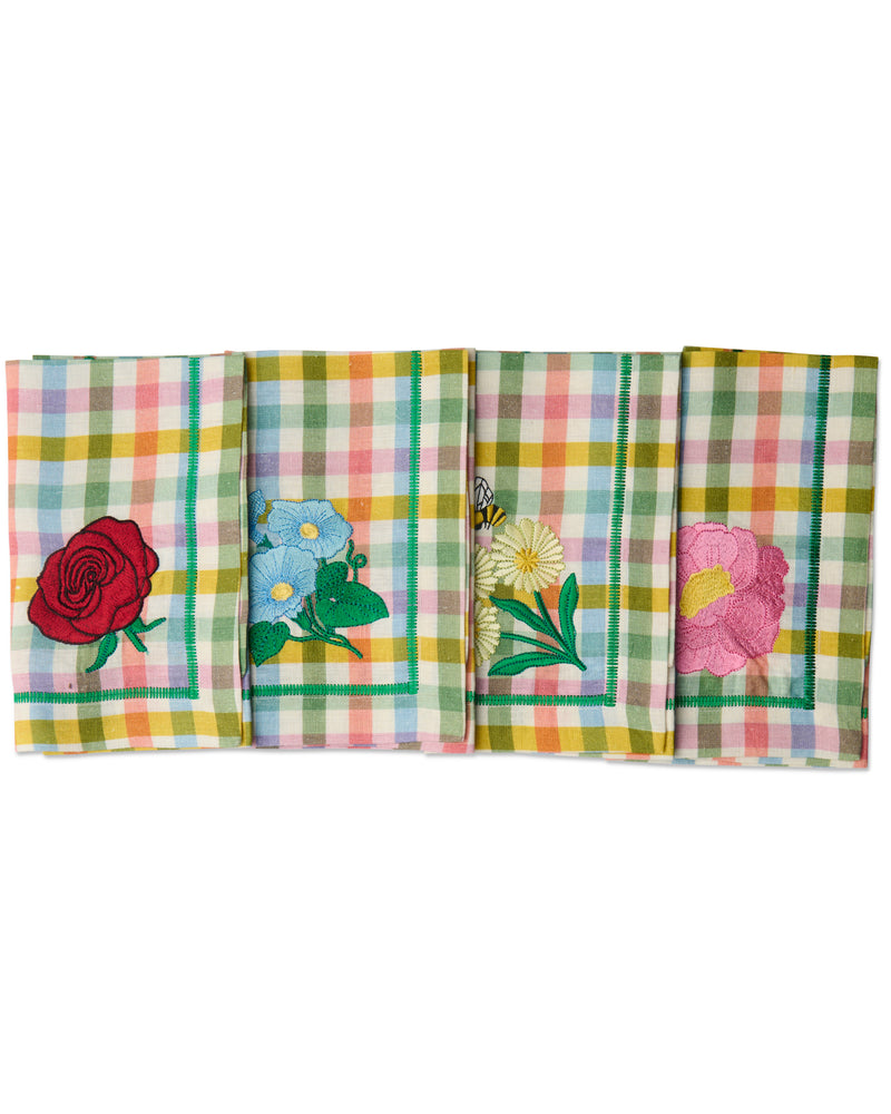 Sweet Flowers Tartan Embroidered 4P Napkin Set