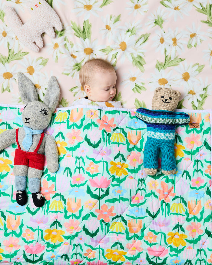 Popping Flowers Green Organic Cotton Quilted Cot Bedspread