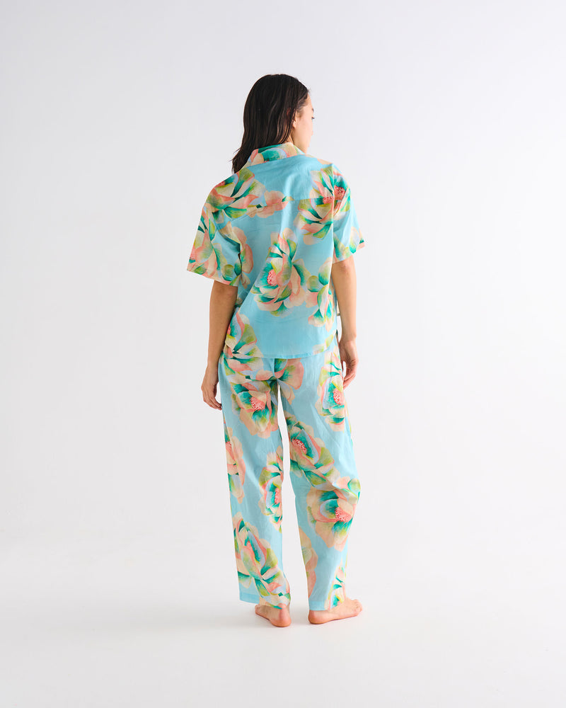 Big Beauty Floral Blue Adult Organic Cotton Short Sleeve Shirt & Pant Pyjama Set