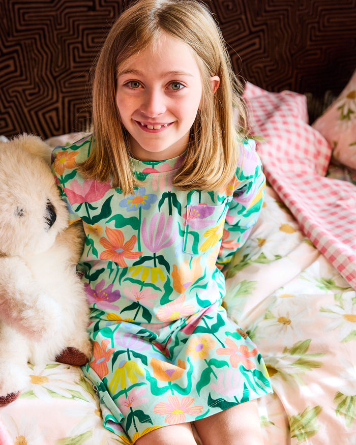 Popping Flowers Green Kids Organic Cotton Long Sleeve Nightie