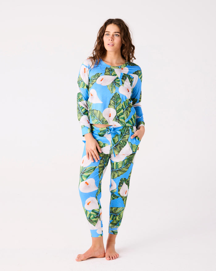 Lily Of The Valley Blue Adult Organic Cotton Long Sleeve Pyjama Top & Slouch Pant Set