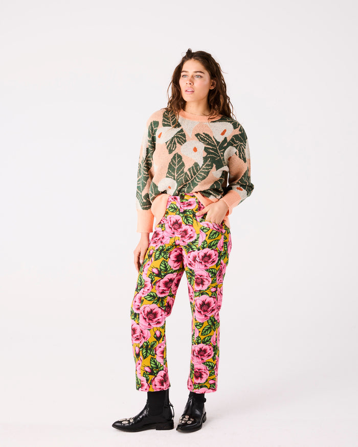Golden Peony Denim Pants