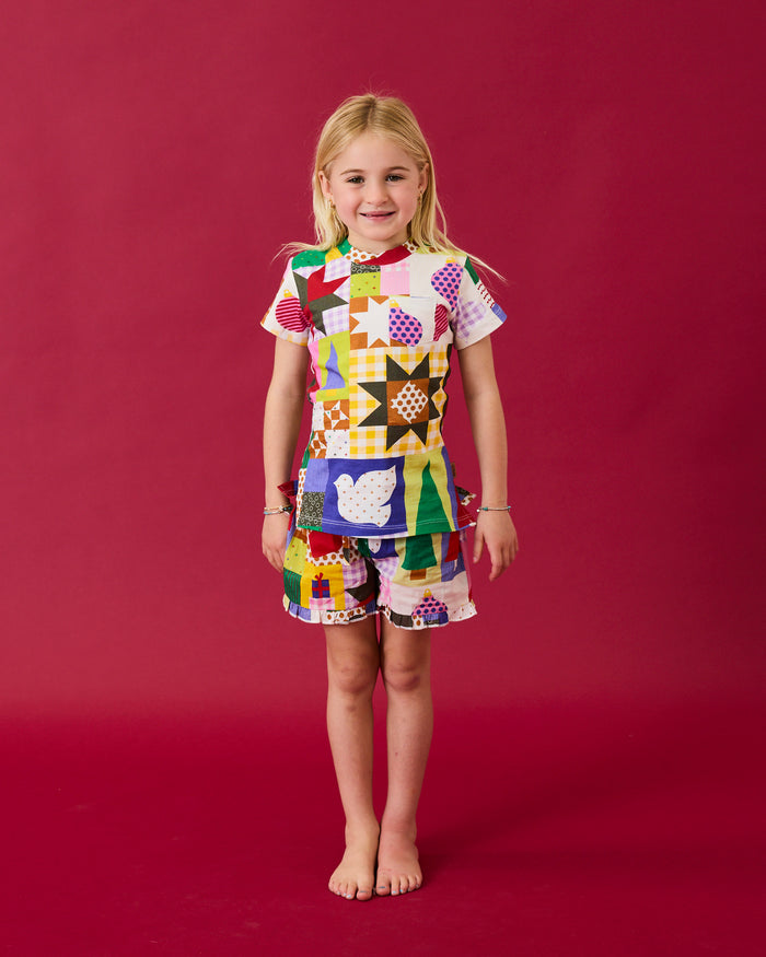 Christmas Patchwork Kids Organic Cotton Short Sleeve Tee & Frill Short Pyjama Set