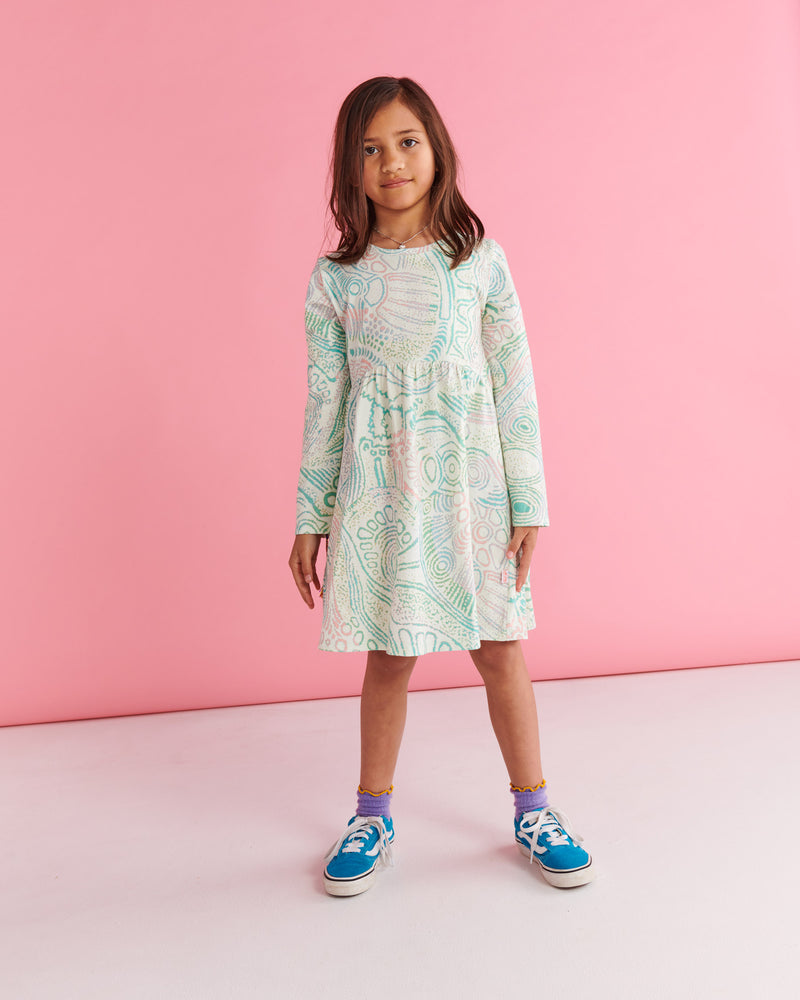 Tjala Tjukurpa Pastel Organic Cotton Long Sleeve Everyday Dress