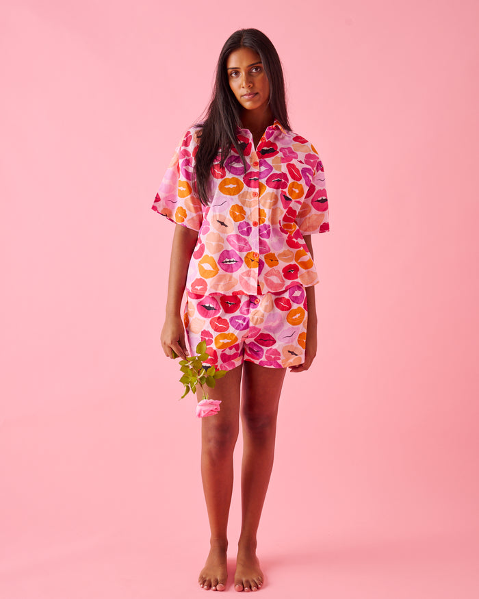 Kiss Me Adult Organic Cotton Short Sleeve Shirt & Short Pyjama Set