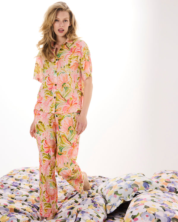 Warm Floral Breeze Adult Organic Cotton Short Sleeve Shirt & Pant Pyjama Set