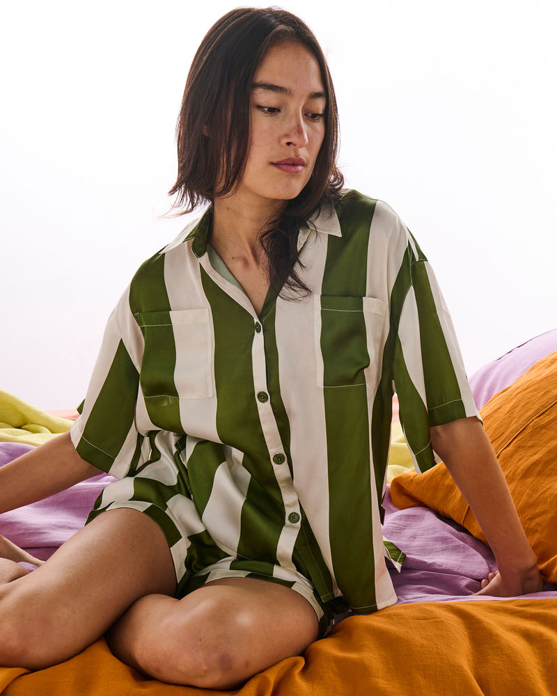 Moss Stripe Adult Eco Satin Short Sleeve Shirt & Short Pyjama Set