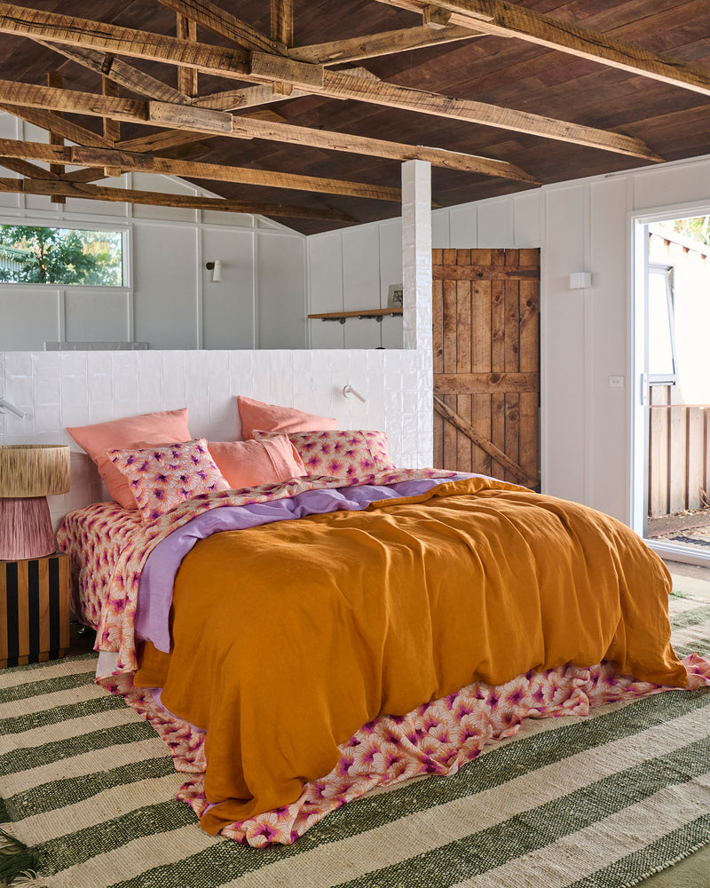 Hibiscus Peach Linen Fitted Sheet