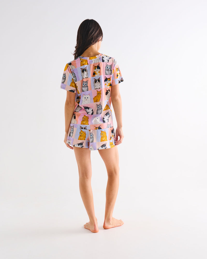 Kitty Cat Adult Organic Cotton Short Sleeve T-Shirt & Shorts Pyjama Set
