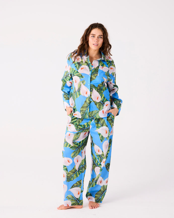 Lily Of The Valley Blue Adult Organic Cotton Long Sleeve Shirt & Pant Pyjama Set