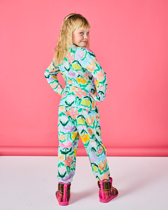 Popping Flowers Green Kids Organic Cotton Long Sleeve Top & Pant Pyjama Set