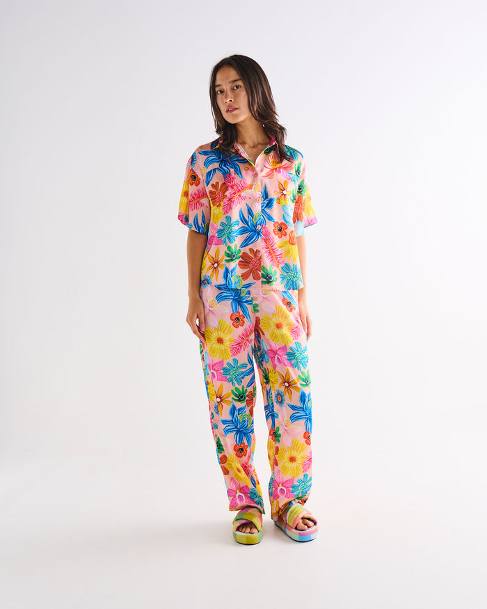 Wild Flowers In Bloom Adult Eco Satin Short Sleeve Shirt & Pant Pyjama Set