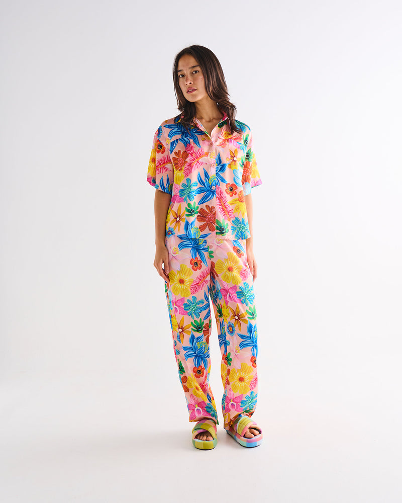 Wild Flowers In Bloom Adult Eco Satin Short Sleeve Shirt & Pant Pyjama Set