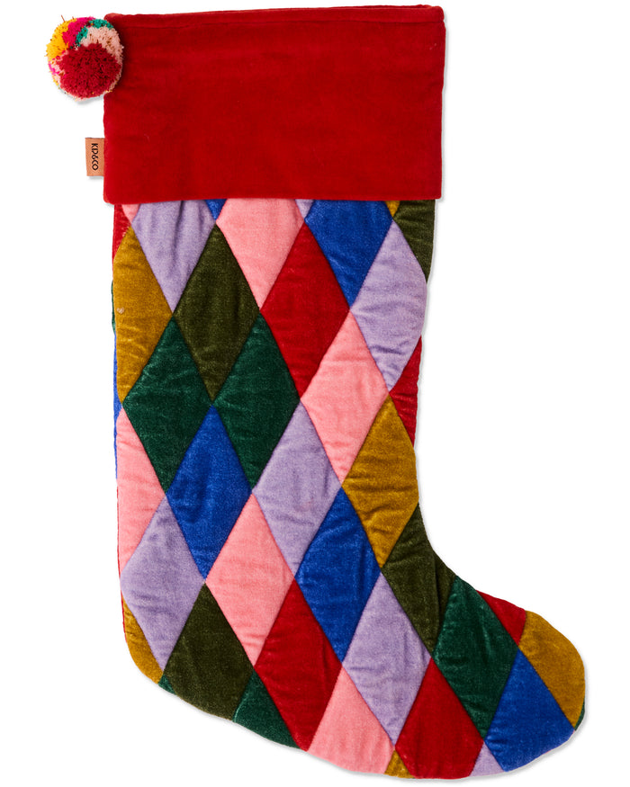 Jolly Christmas Harlequin Velvet Stocking