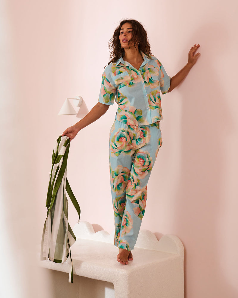 Big Beauty Floral Blue Adult Organic Cotton Short Sleeve Shirt & Pant Pyjama Set