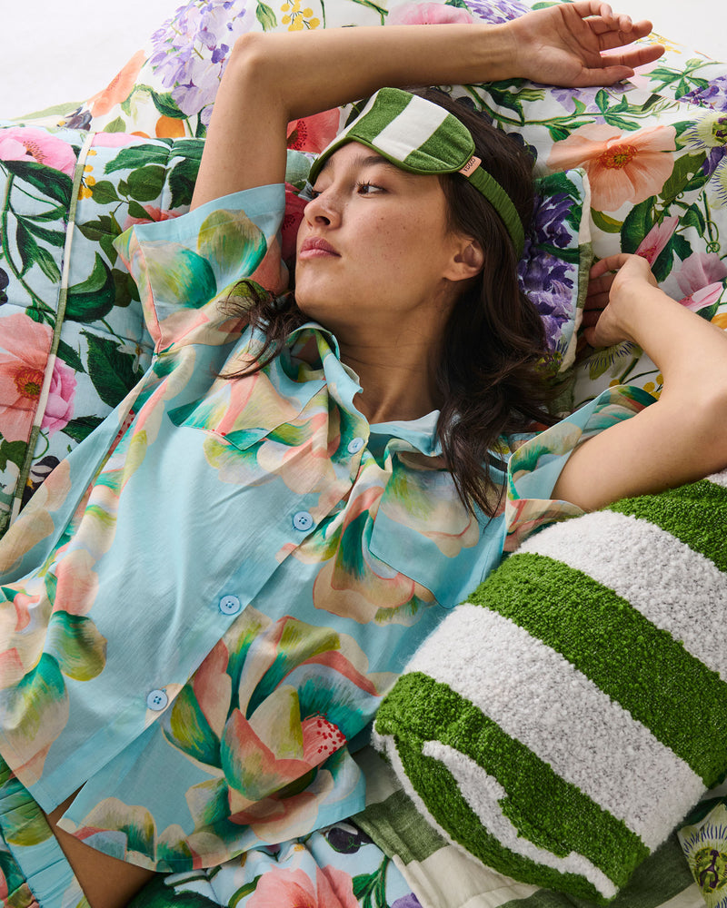 Big Beauty Floral Blue Adult Organic Cotton Short Sleeve Shirt & Pant Pyjama Set