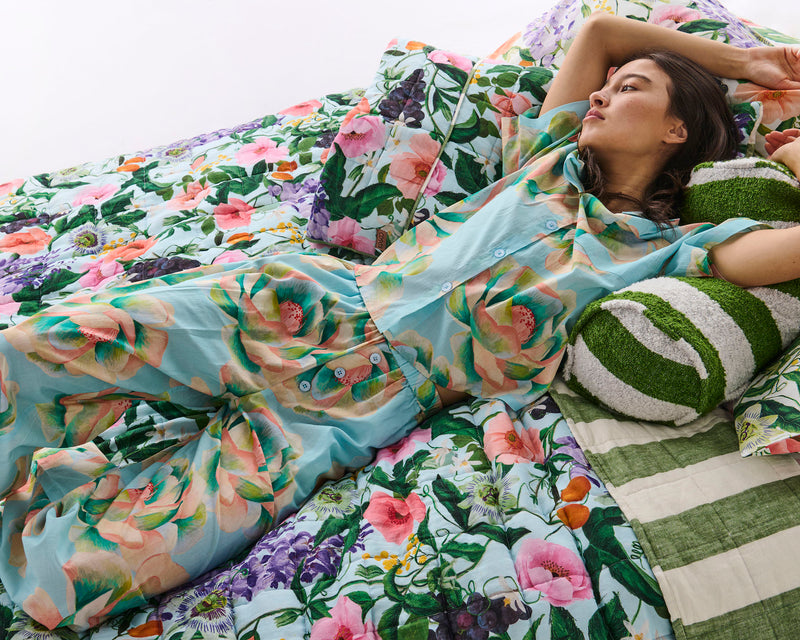 Big Beauty Floral Blue Adult Organic Cotton Short Sleeve Shirt & Pant Pyjama Set