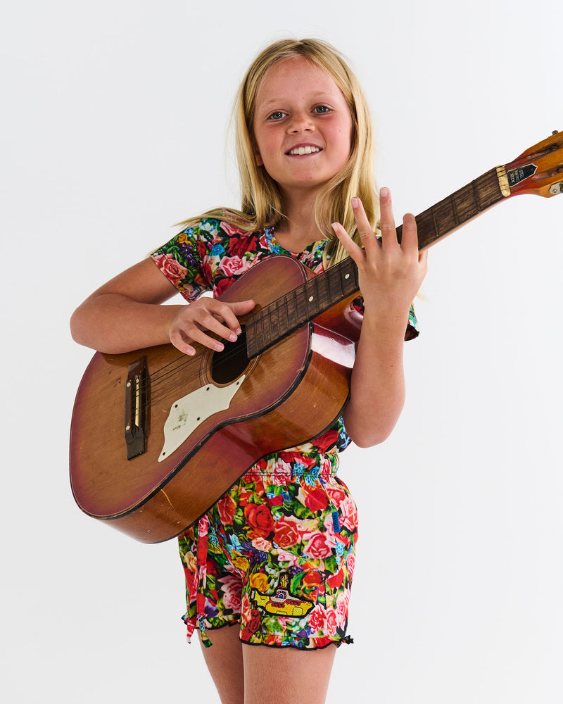 Kip&Co x The Beatles Pepperland Roses Kids Organic Cotton Short Sleeve Tee & Frill Short Pyjama Set