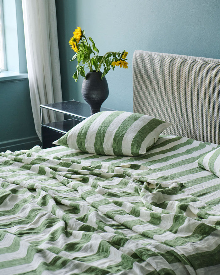 Moss Stripe Linen Fitted Sheet