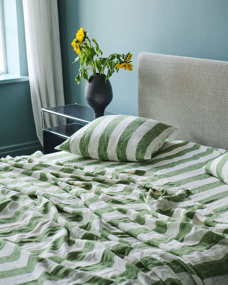 Moss Stripe Linen Fitted Sheet