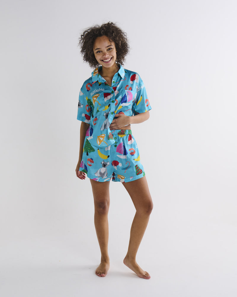 Christmas Icons Satin Short Sleeve Shirt & Short Pyjama Set