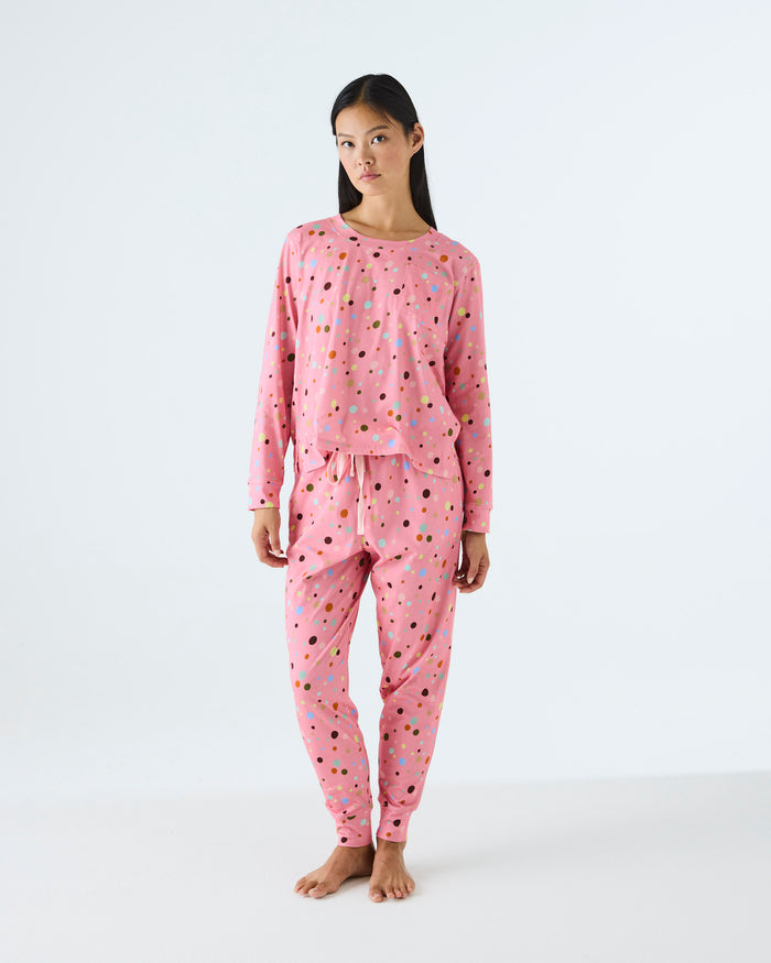 Polkadot Pink Adult Organic Cotton Long Sleeve Pyjama Top & Slouch Pant Set