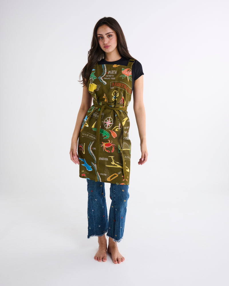 Aussie Road Trip Green Canvas BBQ Apron