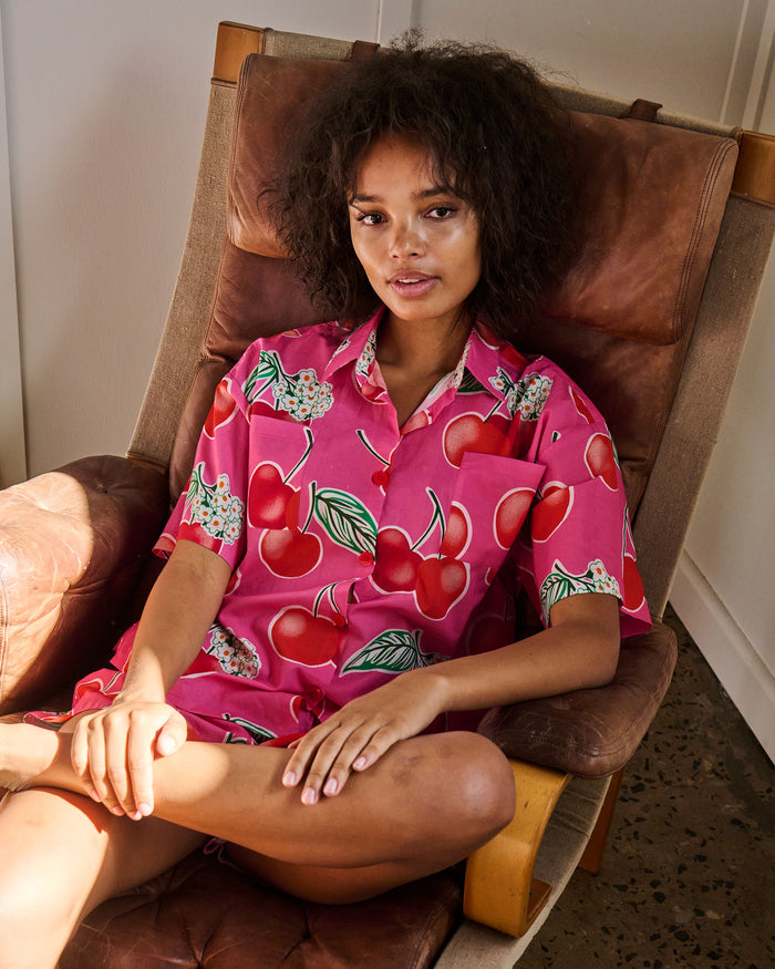 Cherry Blossom Adult Organic Cotton Short Sleeve Shirt & Short Pyjama Set