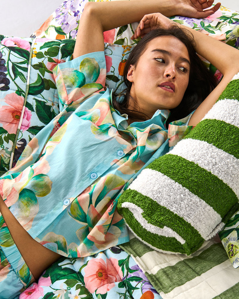 Big Beauty Floral Blue Adult Organic Cotton Short Sleeve Shirt & Short Pyjama Set