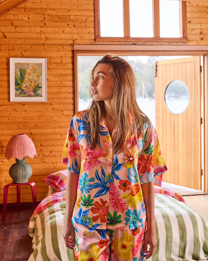 Wild Flowers In Bloom Adult Eco Satin Short Sleeve Shirt & Pant Pyjama Set