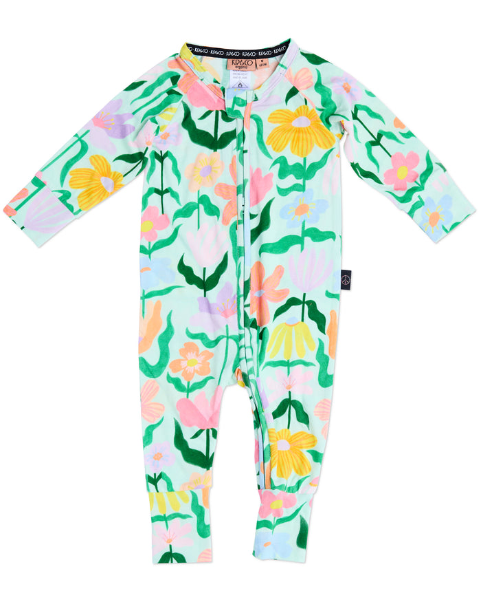Popping Flowers Green Organic Long Sleeve Zip Romper