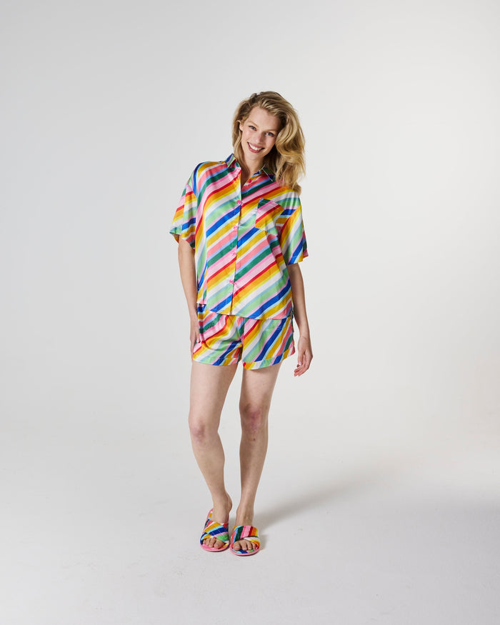 Fete Diagonal Stripe Adult Eco Satin Short Sleeve Shirt & Short Pyjama Set