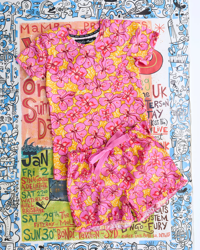 Kip&Co x Mambo Funshine Coast Kids Organic Cotton Short Sleeve Tee & Frill Short Pyjama Set