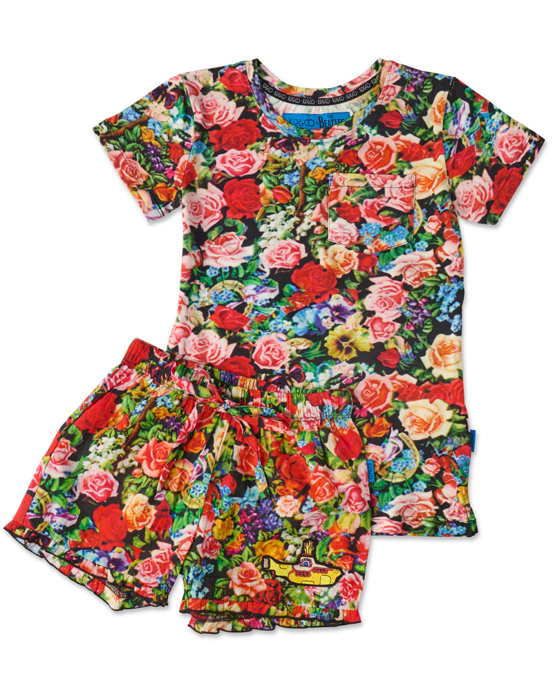 Kip&Co x The Beatles Pepperland Roses Kids Organic Cotton Short Sleeve Tee & Frill Short Pyjama Set