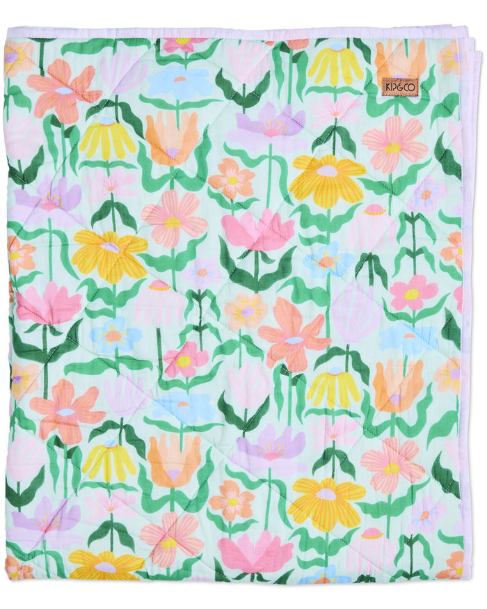 Popping Flowers Green Organic Cotton Quilted Cot Bedspread