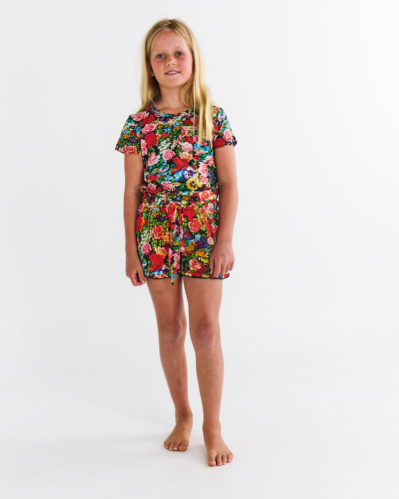 Kip&Co x The Beatles Pepperland Roses Kids Organic Cotton Short Sleeve Tee & Frill Short Pyjama Set