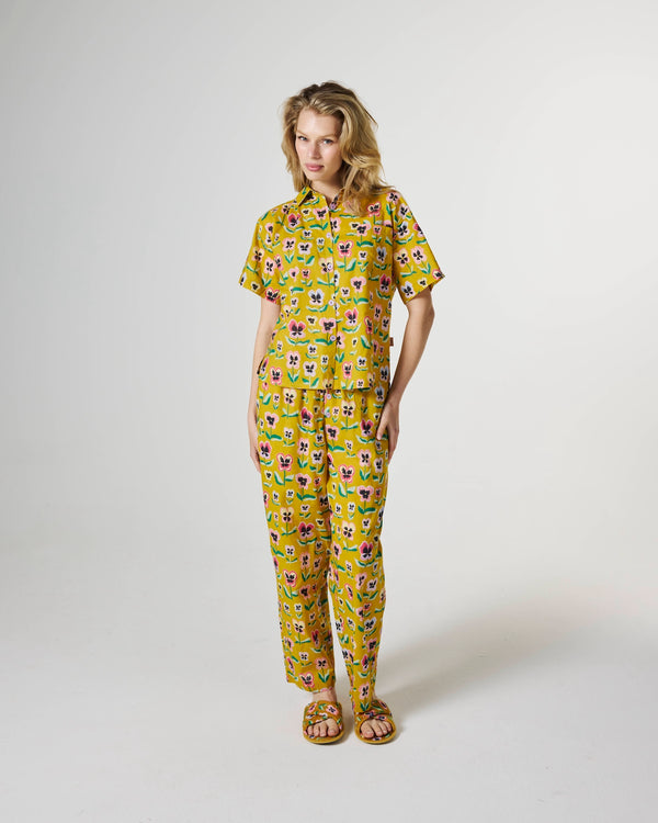 Pretty Pansy Gold Adult Organic Cotton Short Sleeve Shirt & Pant Pyjama Set