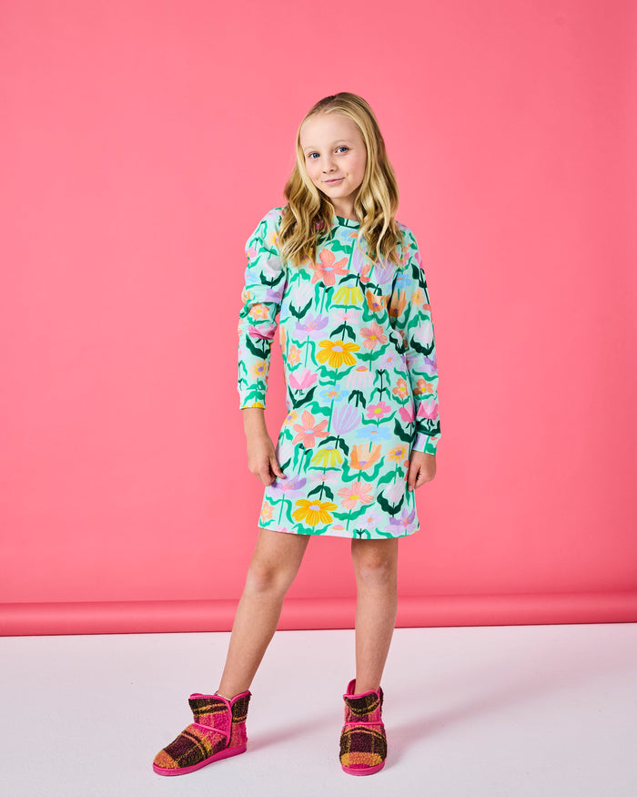 Popping Flowers Green Kids Organic Cotton Long Sleeve Nightie