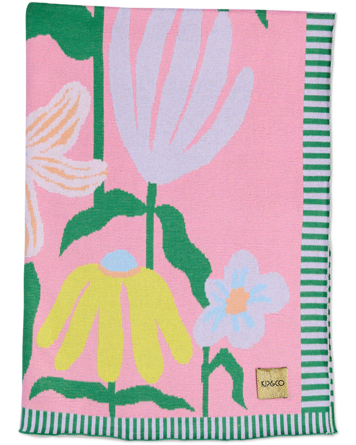 Popping Flowers Green Cotton Knitted Blanket