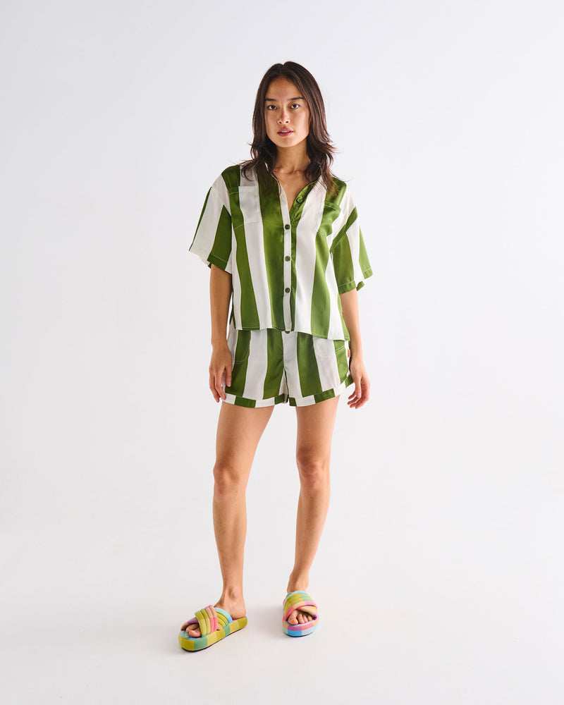 Moss Stripe Adult Eco Satin Short Sleeve Shirt & Short Pyjama Set